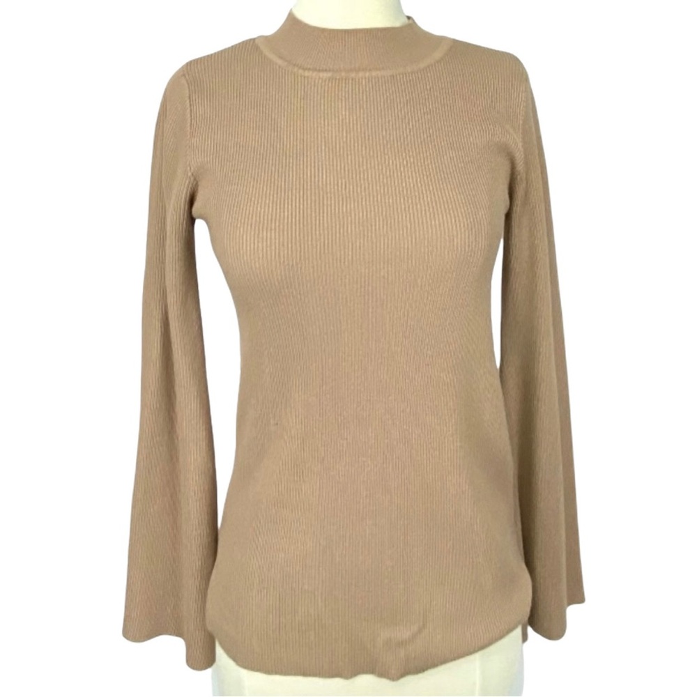 NBW Atmosphere Camel Bell Sleeve & Mock Neckline Fitted Knit Top. Size 4